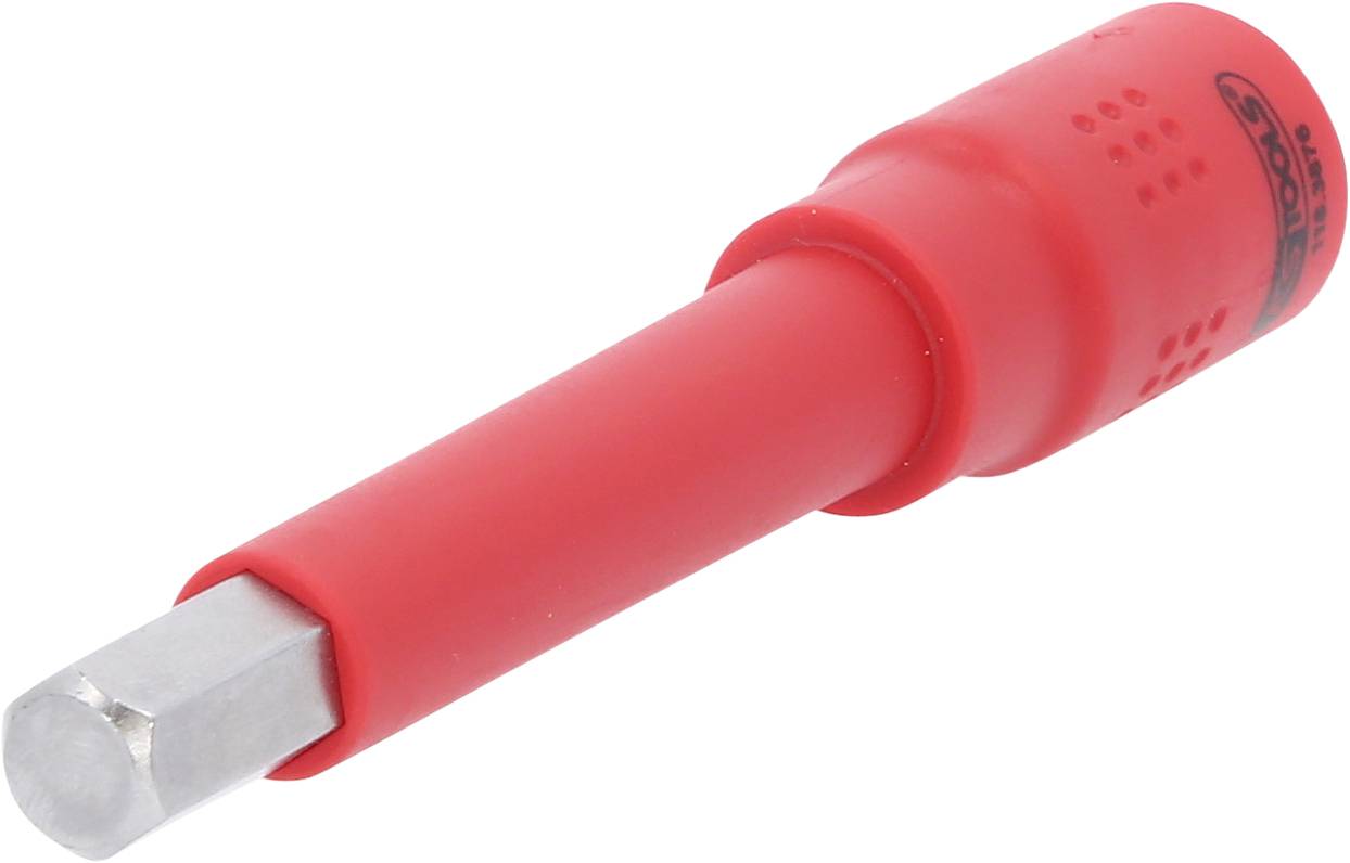 Roter Sechskant-Steckschlüsseleinsatz aus Metall mit Kunststoffgriff. Geeignet für Arbeiten, bei denen ein Schraubenzieher benötigt wird.