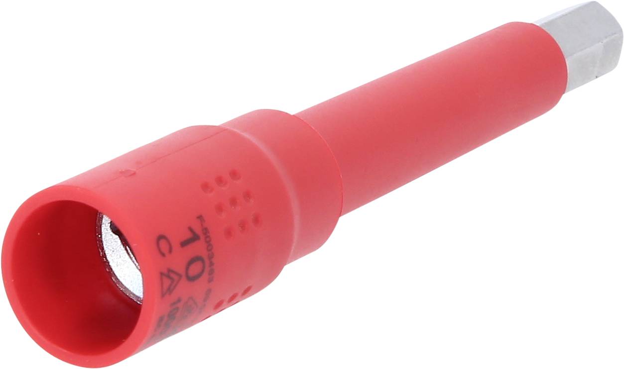 Roter isolierter Steckschlüssel für Elektrowerkzeuge, sechskantig. Markierungen auf dem Griff zeigen '10' und verschiedene Symbole.