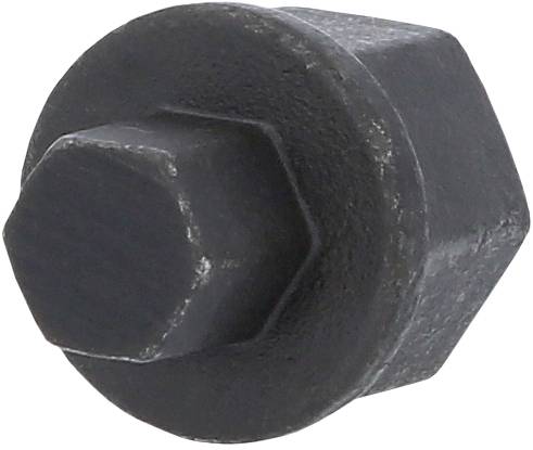 Ein schwarzer Sechskant-Bolzen aus Metall, mit leicht abgenutzter Oberfläche, liegt auf einem weißen Hintergrund.