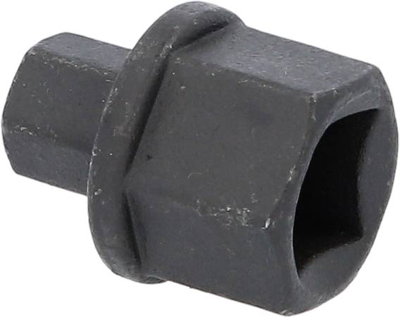 Ein sechskantiger Steckschlüsseladapter in dunkler Metallfarbe, verwendet zur Verbindung von Werkzeugelementen.