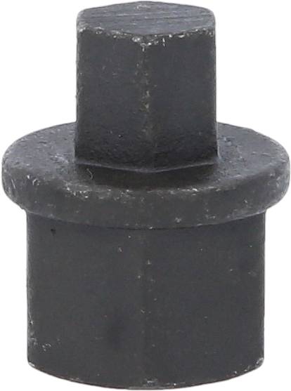 Ein schwarzes metallisches Bauteil mit einem sechseckigen Kopf und einem zylindrischen Körper, möglicherweise ein Schraubenadapter.