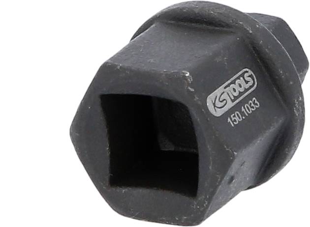 Schwarzer Sechskant-Adapter von KS Tools, Modellnummer 150.1033, dient zur Befestigung an Werkzeugen. Hauptsächlich aus Metall.