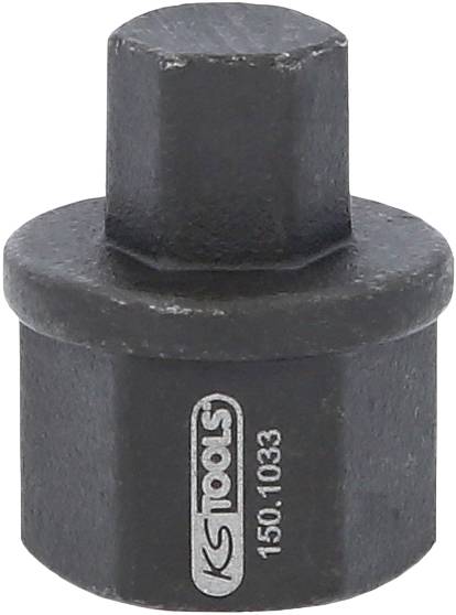 Ein quadratischer Adapter aus Metall, graviert mit 'KS Tools 150.1033'.