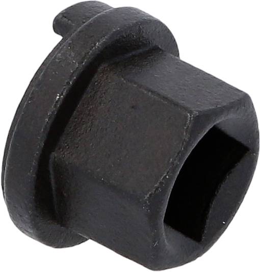 Ein schwarzer, sechseckiger Metallaufsatz mit zylindrischer Verlängerung, vermutlich ein Spezialeinsatzwerkzeug für Schrauben.