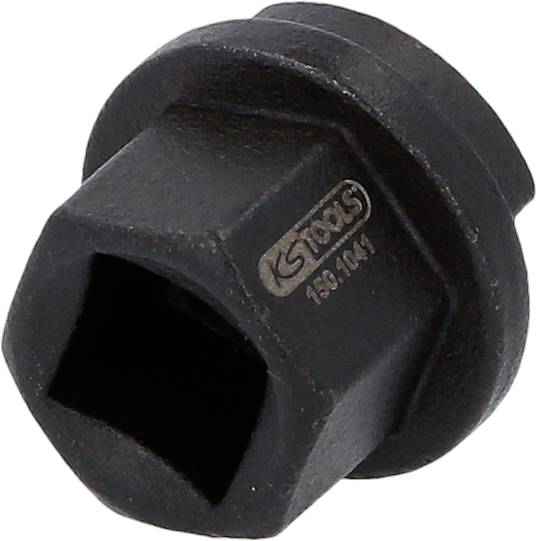 Ein schwarzer Stecknussadapter mit einem quadratischen Antrieb und einer sechseckigen Öffnung, geeignet für spezifische Werkzeuge.