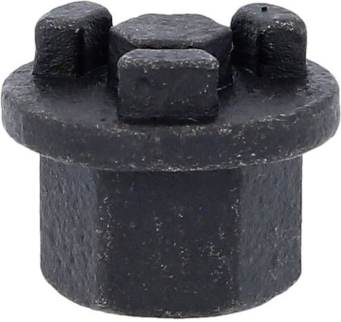 Ein schwarzer, sechseckiger Metallstopfen mit erhabenen Rändern und einer flachen Oberseite, verwendet zur Abdichtung oder Verschluss.