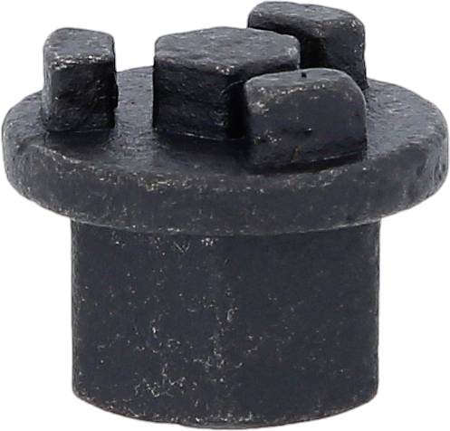 Ein schwarzer, zylindrischer Metallstift mit vier quadratischen Erhebungen auf der Oberseite, möglicherweise ein Befestigungselement.