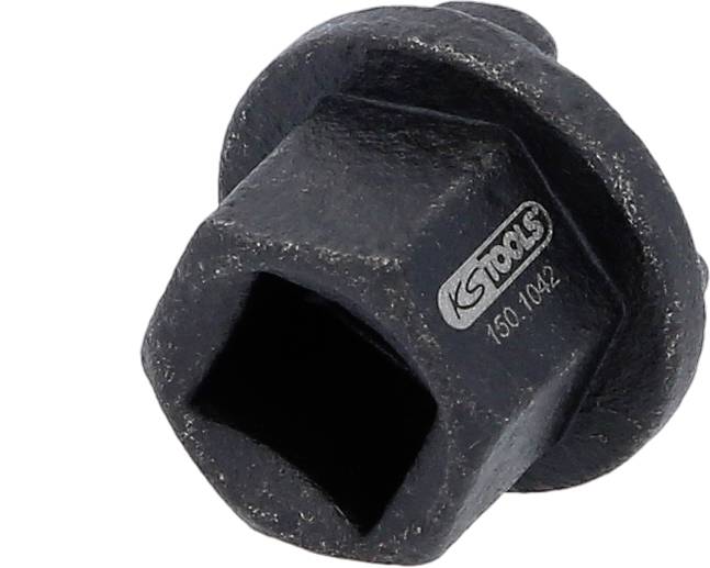 Schwarzer Metallaufsatz mit quadratischer Öffnung. Geformt für die Anwendung auf Schrauben oder Muttern. Markierung: 'KS Tools'.