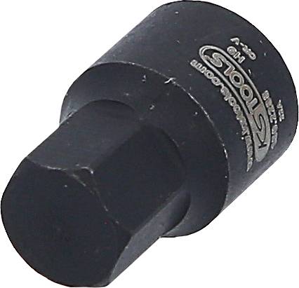 Ein schwarzer Sechskant-Aufsatz aus Metall, wahrscheinlich ein Werkzeug zum Lösen von Schrauben oder Muttern, auf hellgrauem Hintergrund.