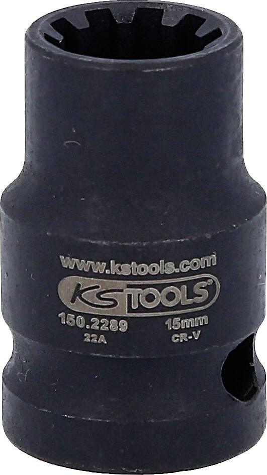 Eine schwarze Stecknuss mit der Aufschrift 'kstools.com', '150.2289', '15mm', 'CR-V'. Sie hat eine Sechskantaufnahme für Werkzeuge.