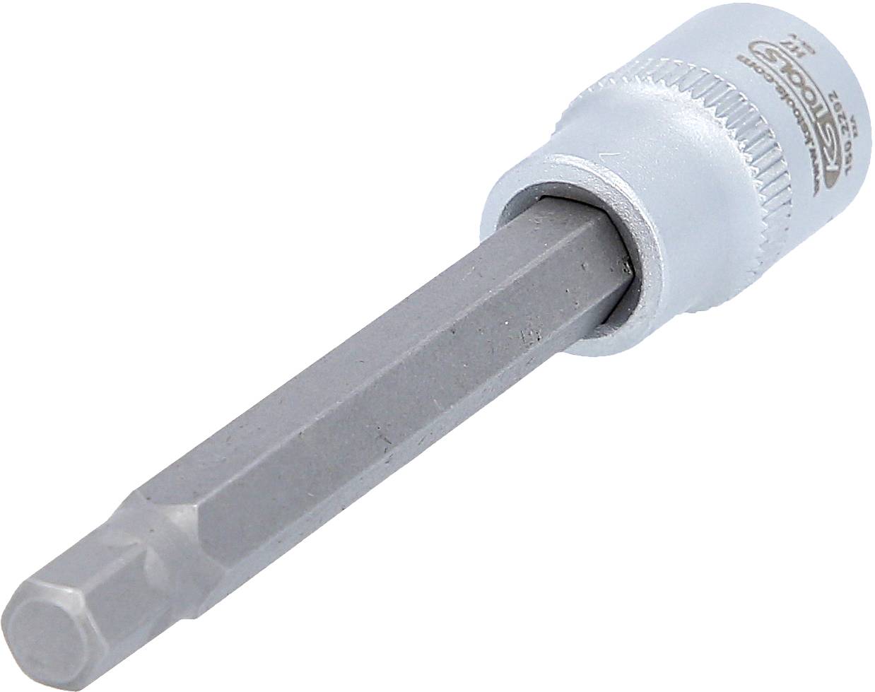 Ein Sechskantschlüsselaufsatz aus Metall mit gerändeltem Griff. Geeignet für das Anziehen oder Lösen von Schrauben mit Sechskantkopf.