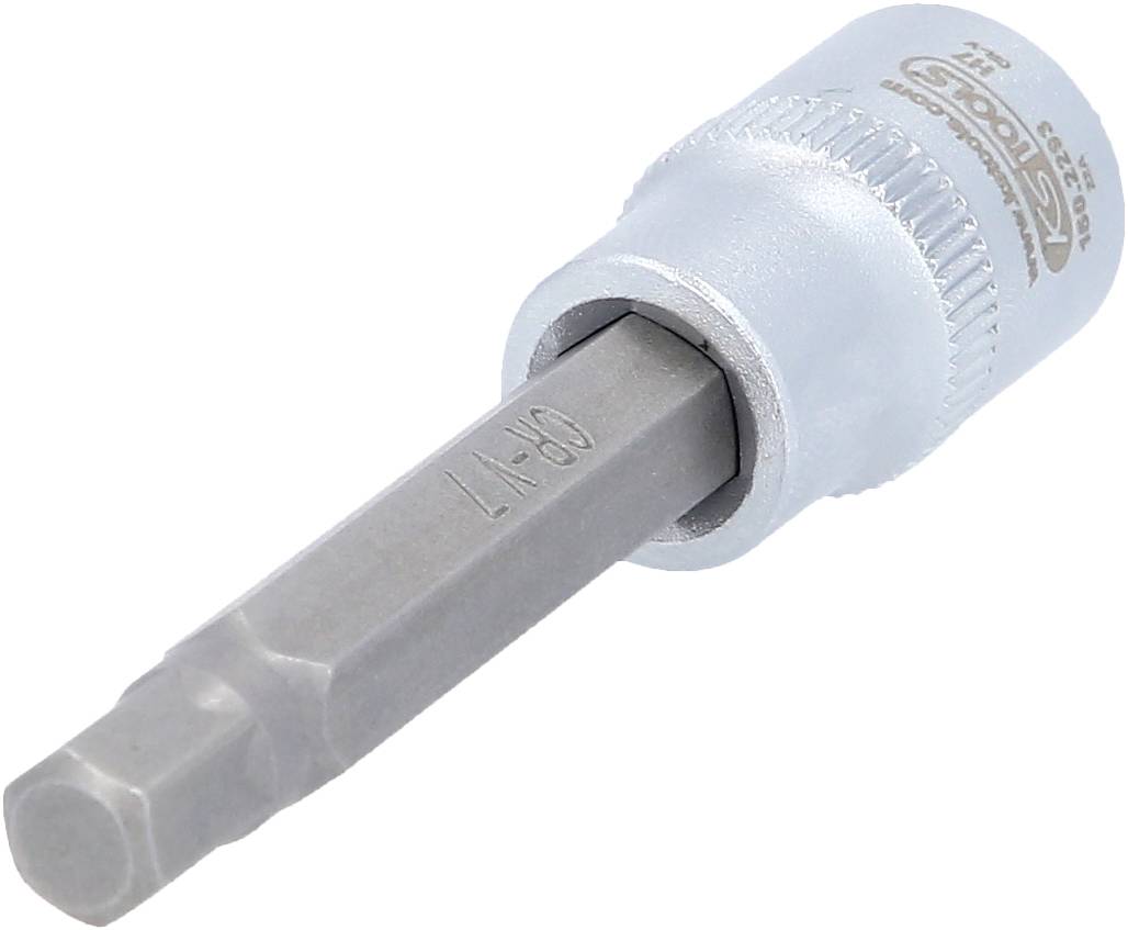 Ein silberner Steckschlüssel mit sechskantigem Bit-Aufsatz, geeignet für handwerkliche Reparaturen und Befestigungen.