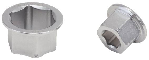 Zwei silberne Metall-Werkzeugteile, wahrscheinlich spezielle Schrauben oder Adapter, mit sechskantigen und runden Elementen.