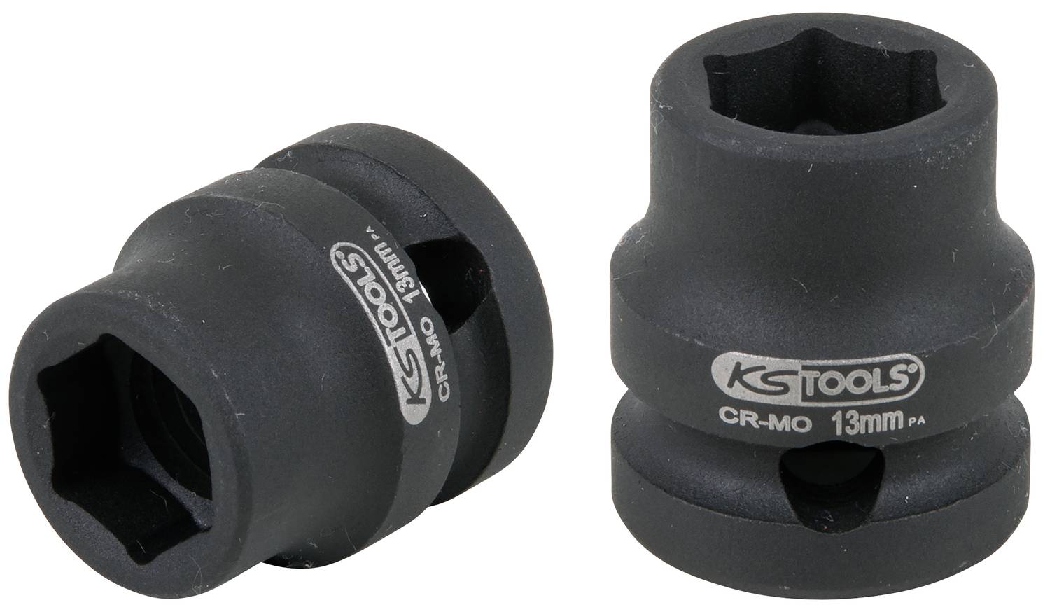 Zwei schwarze Steckschlüsseleinsätze aus Chrom-Molybdän, 13 mm, Marke KS Tools.