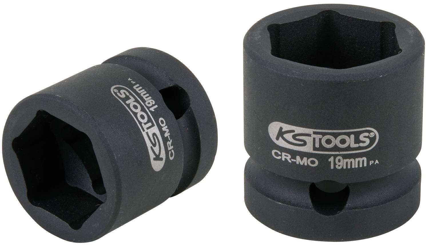 Zwei schwarze Sechskant-Steckschlüsseleinsätze von KS Tools mit Aufschrift '19mm'.