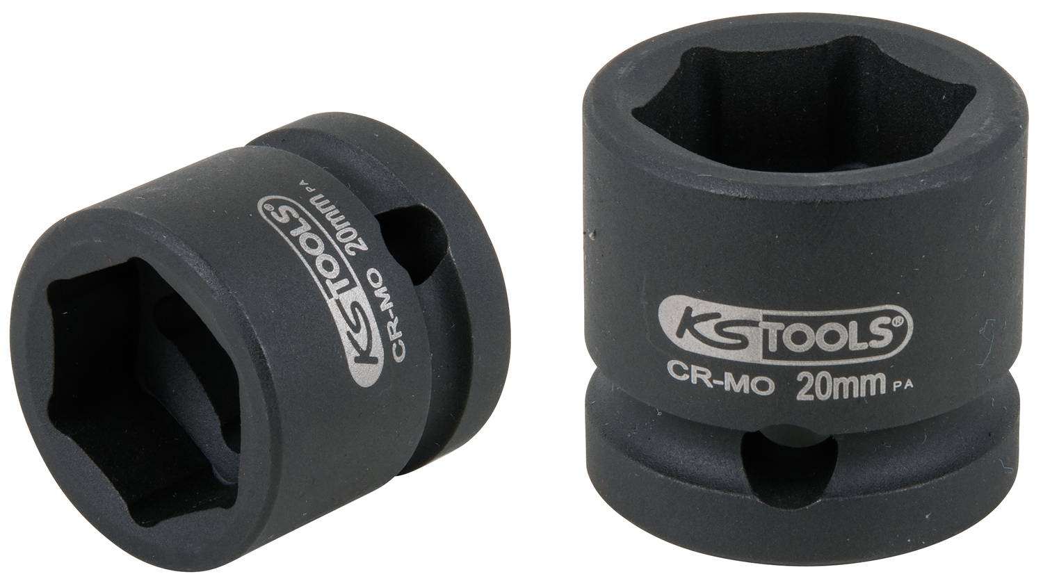 Zwei schwarze Steckschlüssel mit der Aufschrift 'KS Tools' und 'CR-MO 20mm', die trapezförmige Öffnungen aufweisen.