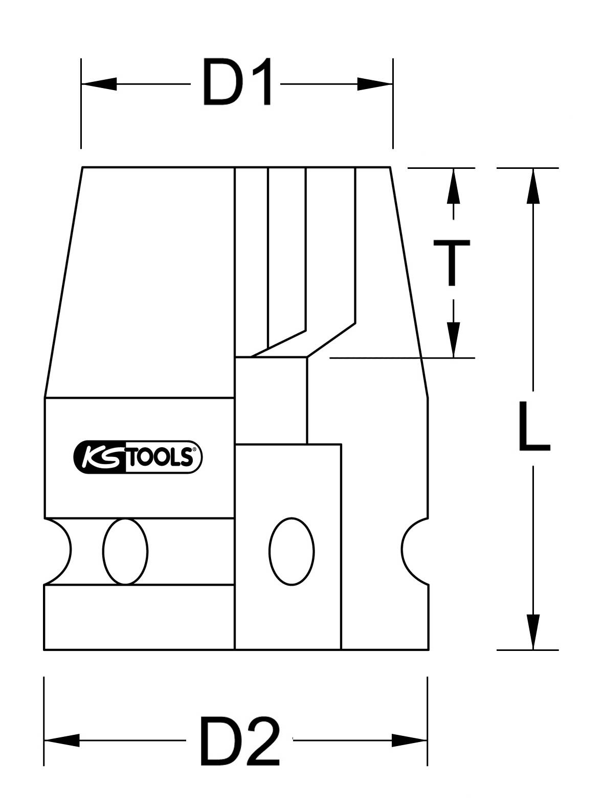 Technische Zeichnung einer zylindrischen Metallhülse mit den Bezeichnungen D1, D2, T und L. Herstellerlogo 'KS Tools' sichtbar.