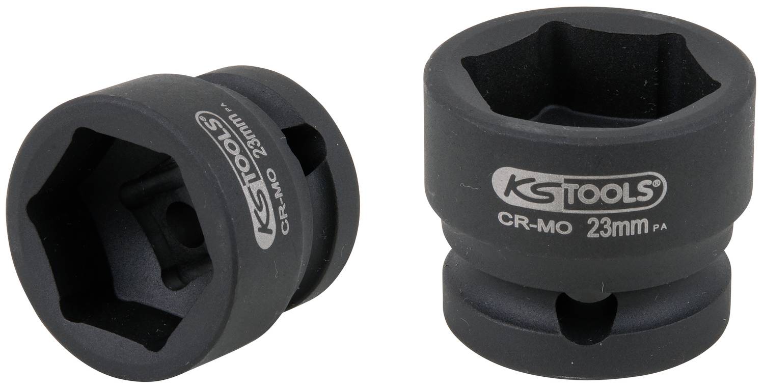 Zwei schwarze Stecknüsse mit der Aufschrift 'KS TOOLS CR-MO 23mm'. Sie sind ringförmig, bestehen aus robustem Material und haben eine quadratische Öffnung.