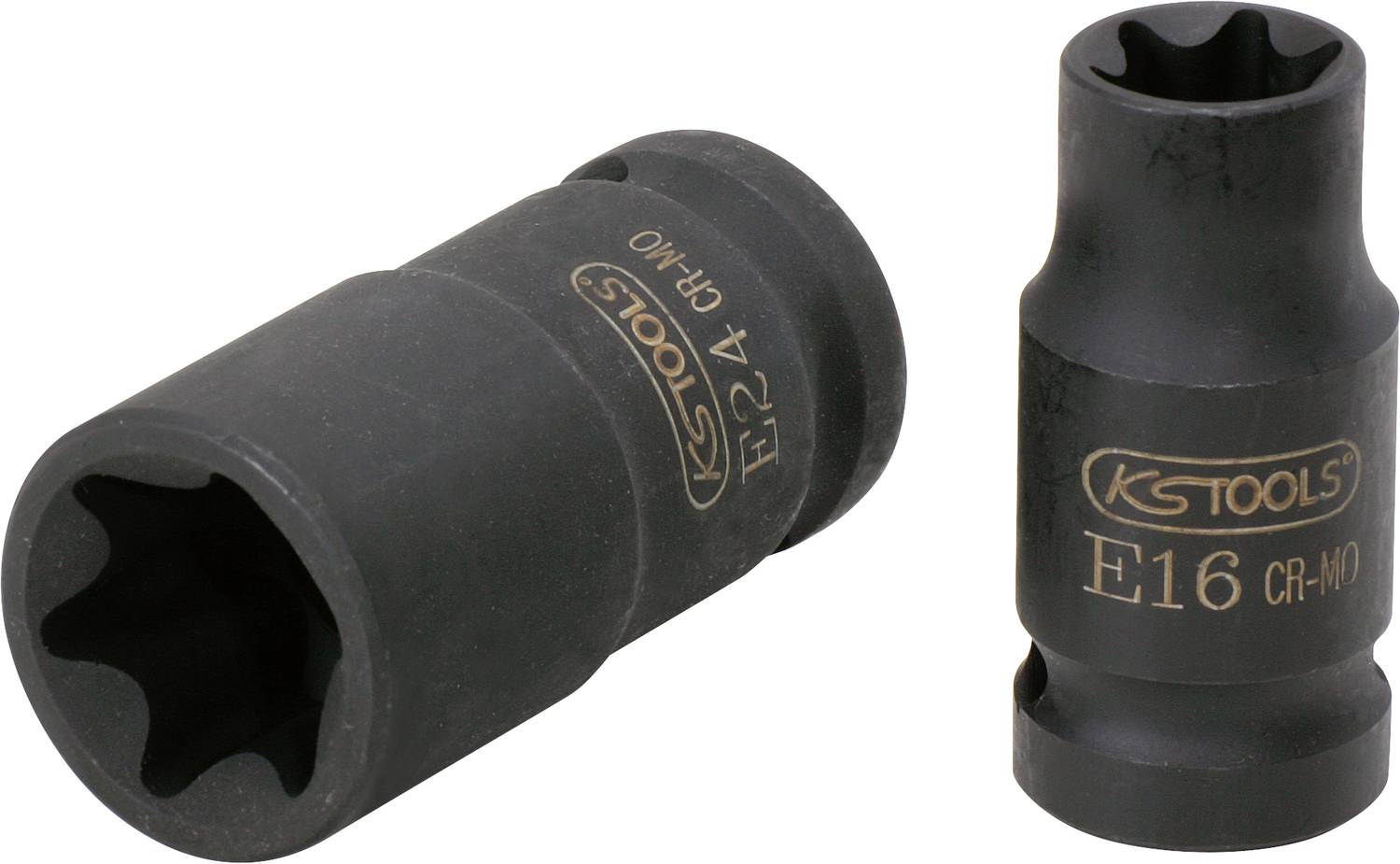 Zwei Stecknüsse aus schwarzem Metall, eine mit der Aufschrift 'EP24', die andere 'E16', beide von 'KS Tools'.