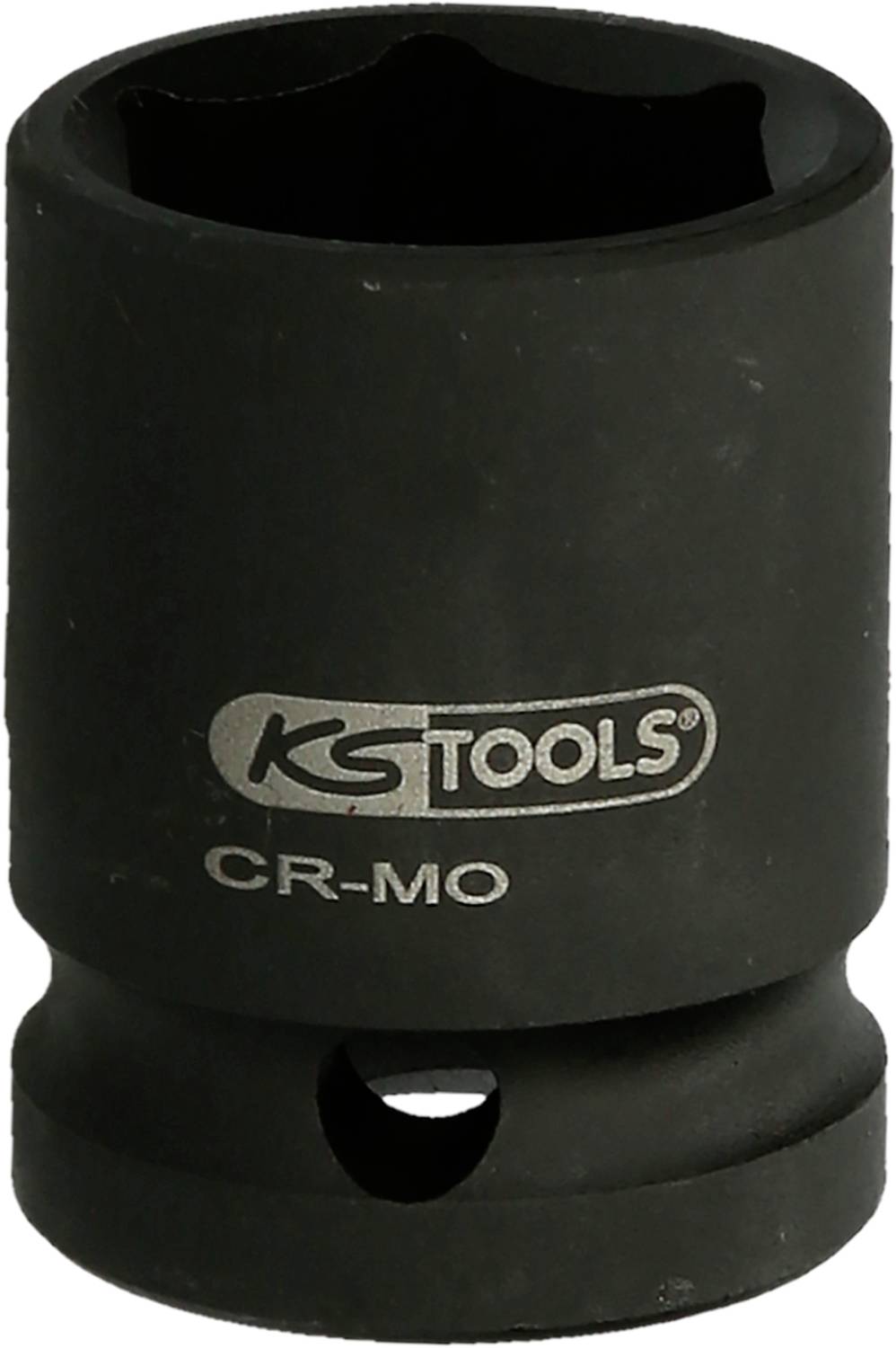 Eine schwarze Stecknuss mit der Aufschrift 'KS TOOLS CR-MO'. Sie hat eine zylindrische Form und ist für mechanische Zwecke geeignet.