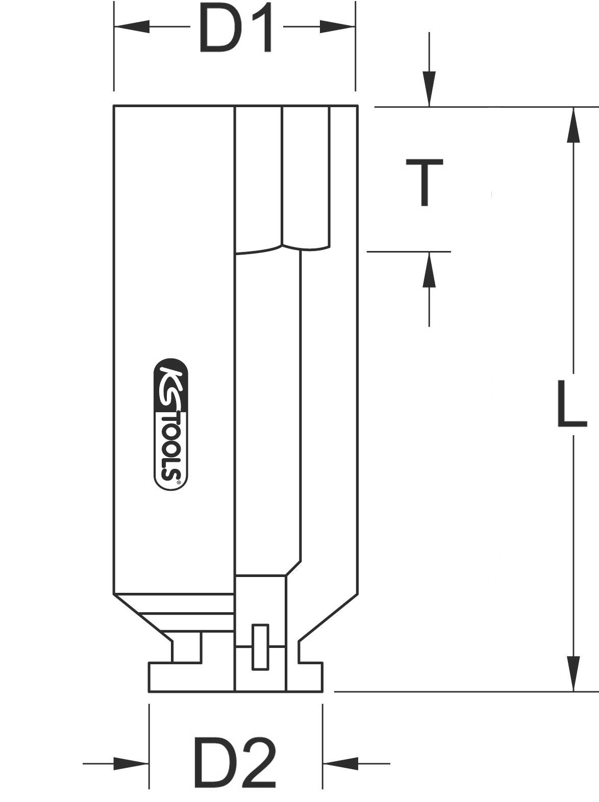 Technische Zeichnung eines Werkzeugaufsatzes mit Maßangaben: Durchmesser D1, D2, Höhe L, und Dicke T. Logo von KS Tools sichtbar.