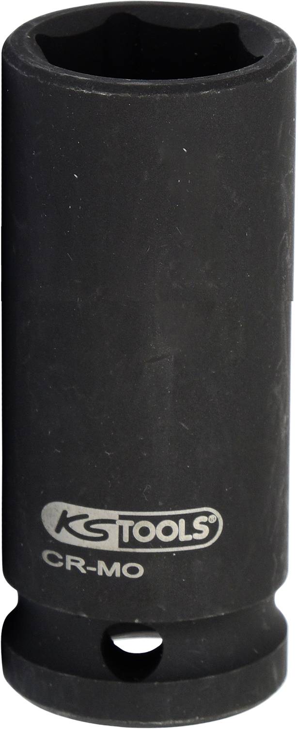 'Tiefbett-Steckschlüssel, 6-kant, CR-MO'. Schwarzer, zylindrischer Werkzeugaufsatz mit Markenaufdruck.