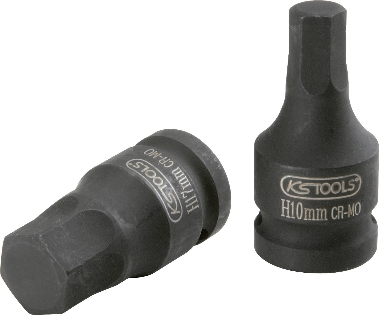Zwei schwarze Schrauber-Bits mit Inschrift 'H10mm CR-MO', Markenname seitlich sichtbar, auf weißem Hintergrund.