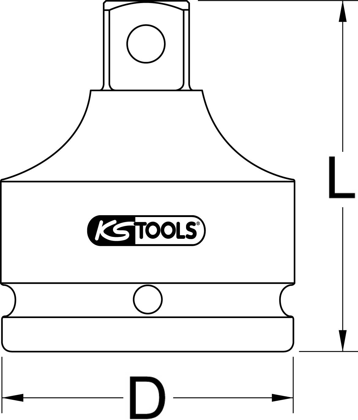 Technische Zeichnung eines Adapterwerkzeugs von KS Tools, zeigt Abmessungen mit Höhen- (L) und Durchmesser (D) Angaben.