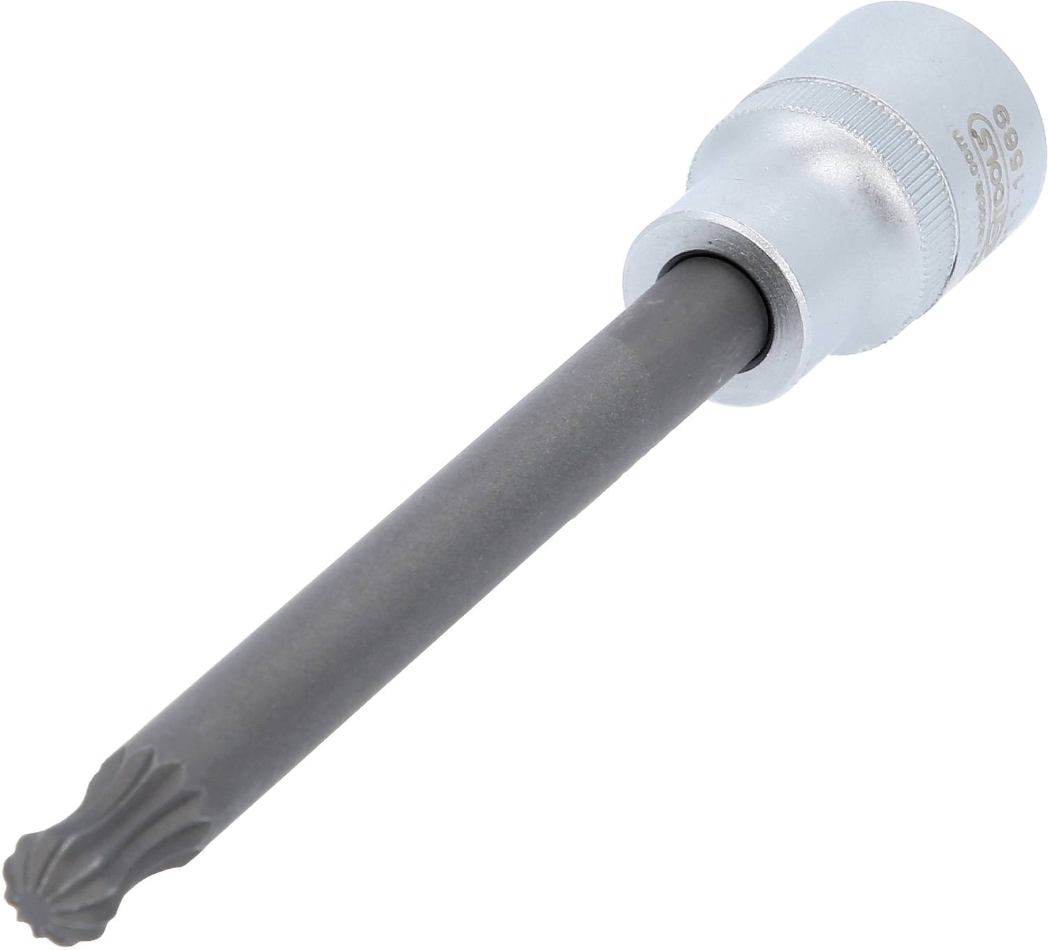 Ein silberner Steckschlüsseleinsatz mit langem, schwarzem Torx-Bit, verwendet für das Lösen von Torx-Schrauben.