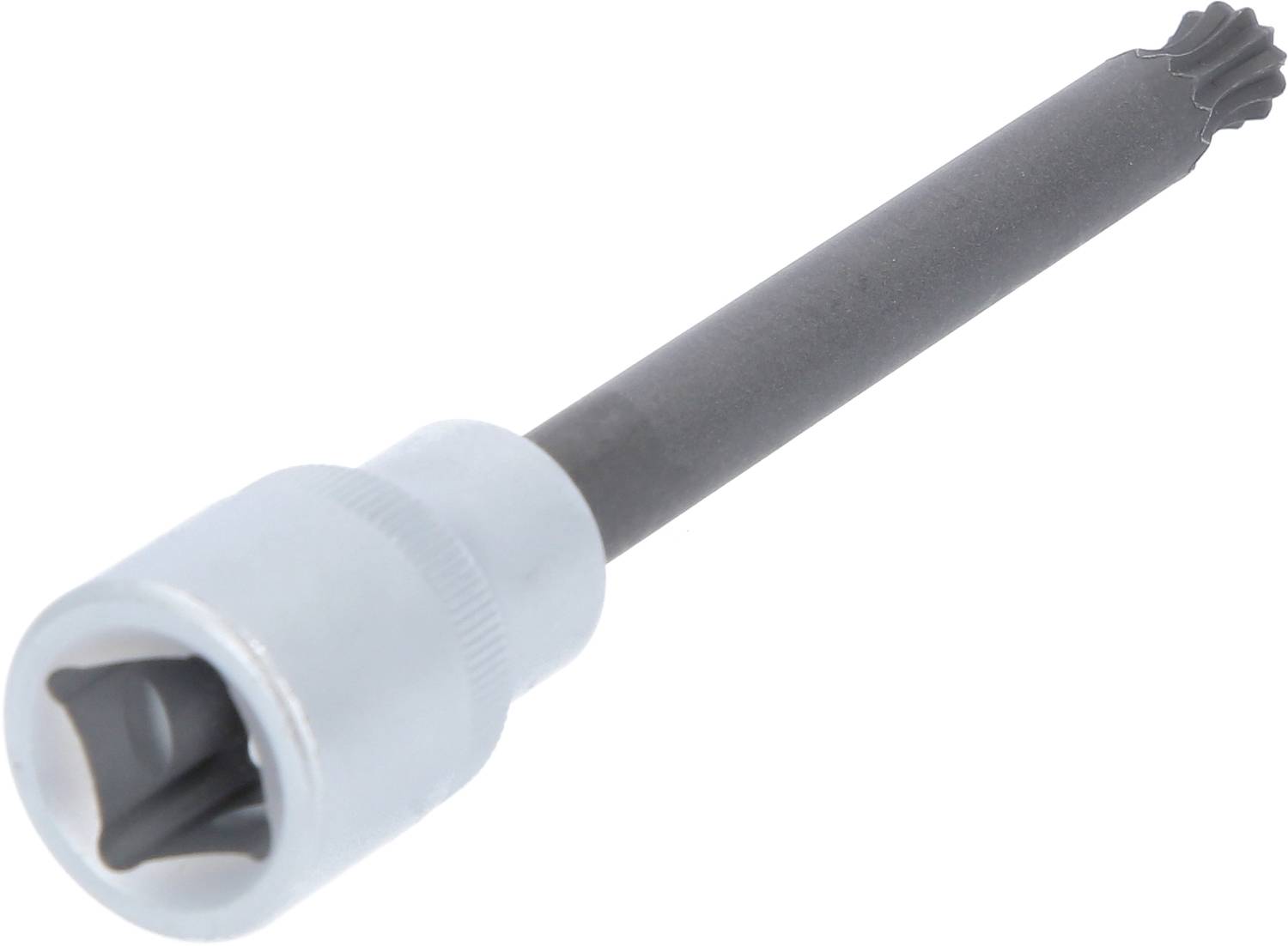 Langer Steckschlüssel mit geriffelter Spitze. Verwendet zum Anziehen oder Lösen von Schrauben mit speziellen Köpfen in Maschinen.