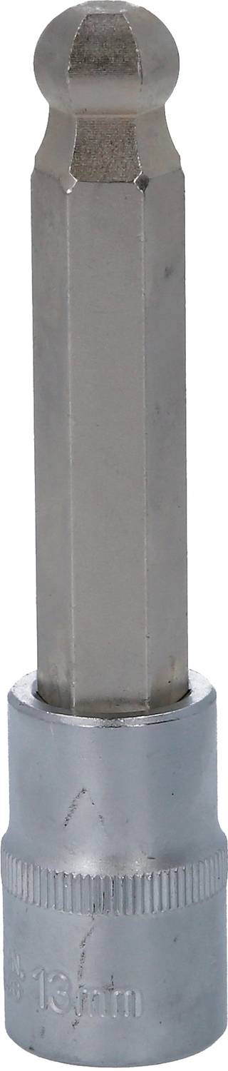 Ein silberner Sechskant-Schraubenschlüsselaufsatz mit Kugelkopf, geeignet für maschinelles oder manuelles Anziehen von Schrauben.