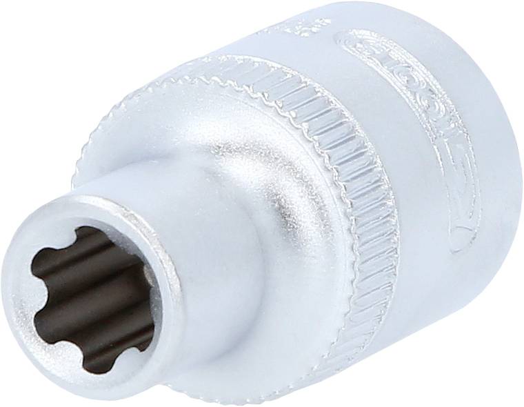 Ein silberner Vielzahnnuss-Aufsatz für Ratschen, mit geriffelter Kante zur besseren Handhabung.