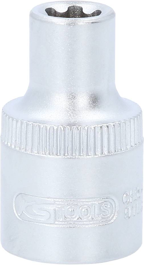 Metallische Stecknuss mit sechskantiger Öffnung und geriffeltem Griff, markiert mit einer eingeprägten Werkzeugmarke.