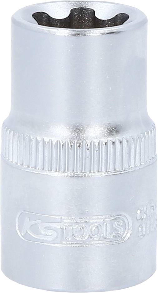 Steckschlüssel-Einsatz mit Riffelung, beschriftet mit KS Tools, 12-kant, silberfarben, für Schrauben und Muttern geeignet.
