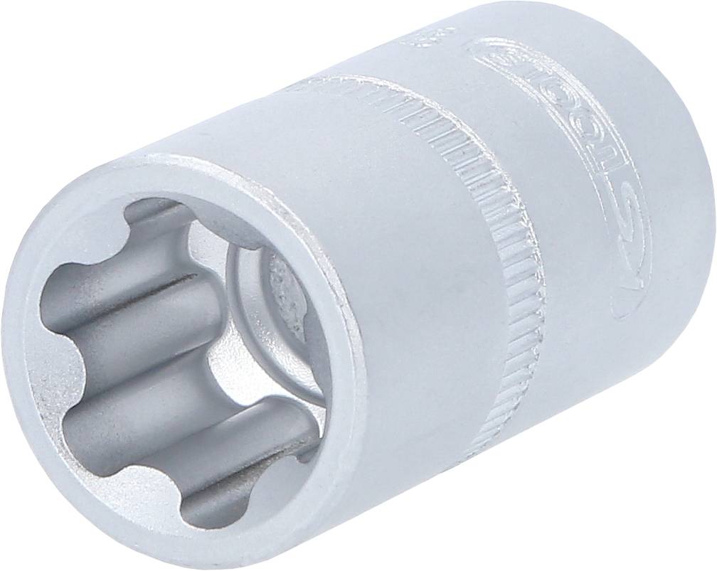 Ein silberfarbener Steckschlüsselaufsatz, zylindrisch mit einem gerändelten Ring für besseren Halt. Werkzeug zur Nutzung mit Ratschen.