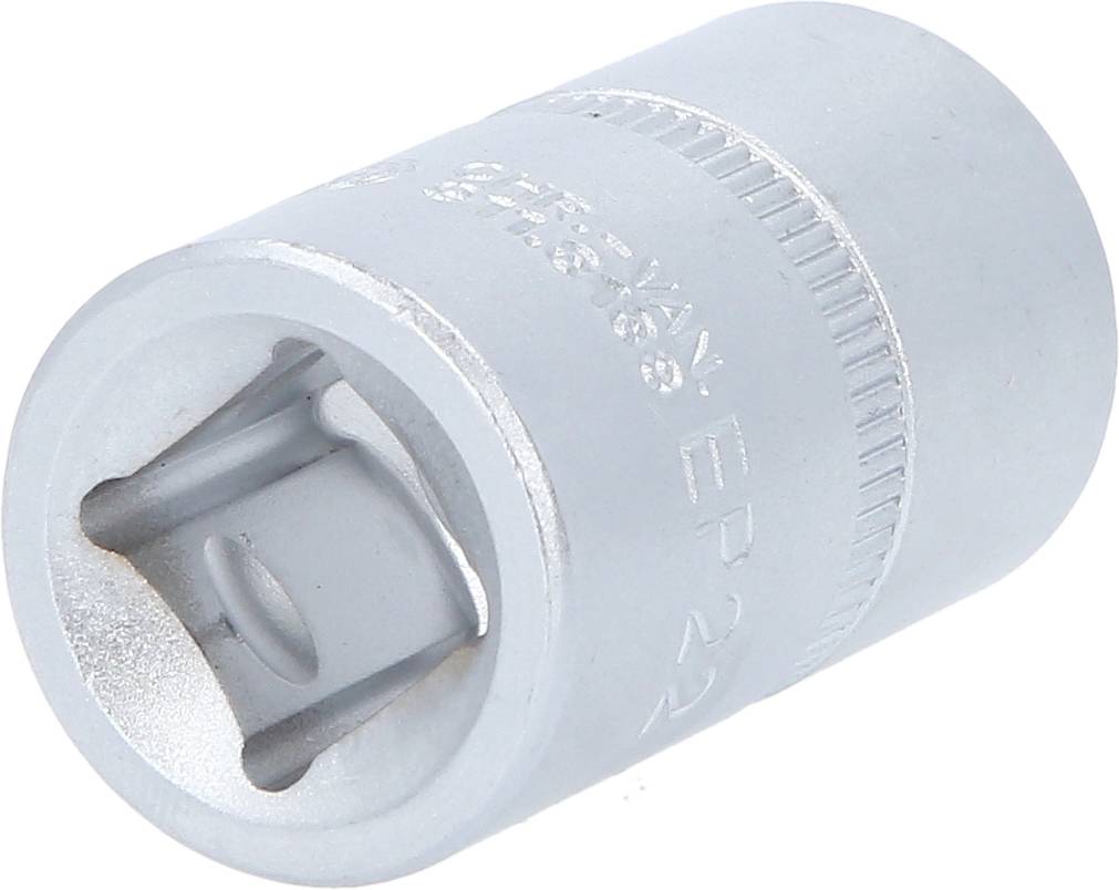 Eine silberne Stecknuss aus Metall, zylindrisch mit gerändeltem Rand, seitlich gravierte Maße und technische Spezifikationen.