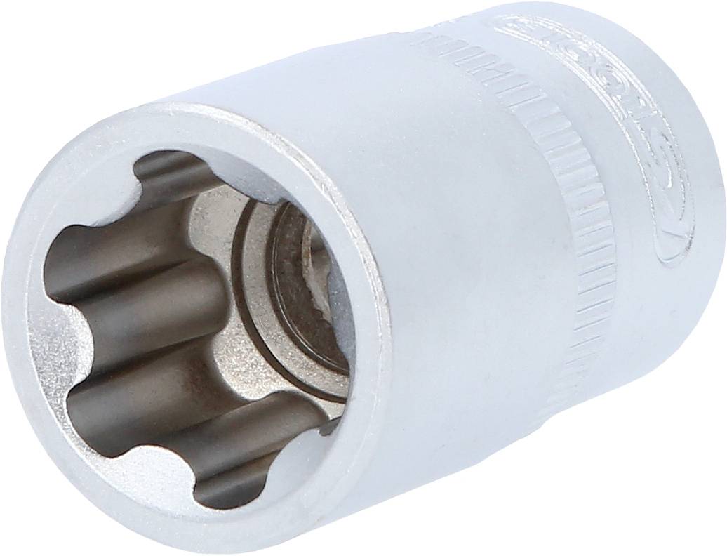 Eine silberne Steckschlüsselaufnahme mit zwölf Innenkanten, verwendet für Muttern und Schrauben in der Mechanik.