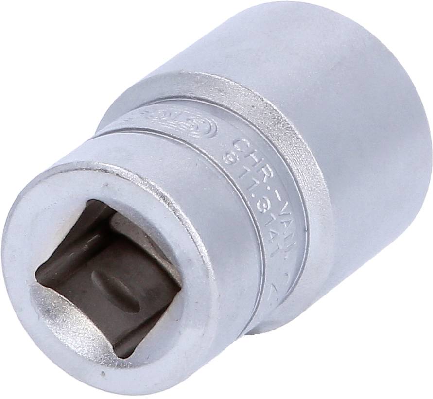 Metallsteckschlüsselaufsatz, kurzer Zylinder, silberfarben, quadratische Öffnung zur Aufnahme eines Schraubenschlüssels.