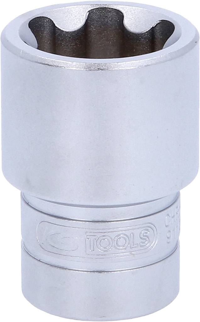 Metallsteckschlüssel mit geriffeltem Rand, geeignet für Schraubarbeiten. Silberne Farbe mit eingeprägtem Logo und Größenangabe.