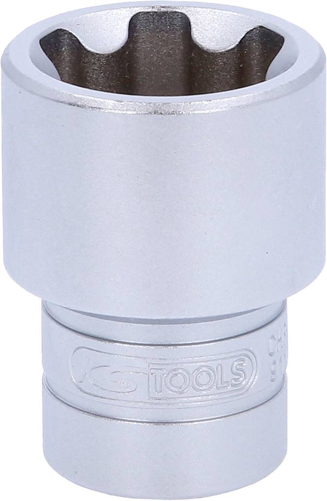 Eine silberne Stecknuss mit gravierter Aufschrift, die Werkzeugtyp und Größe angibt. Ideal für mechanische Arbeiten.