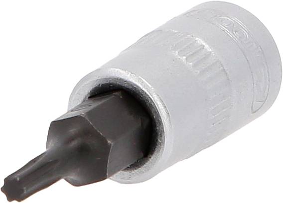 Ein silberner Steckschlüssel-Aufsatz mit einem schwarzen Torx-Bit. Er wird in Reparaturarbeiten verwendet.