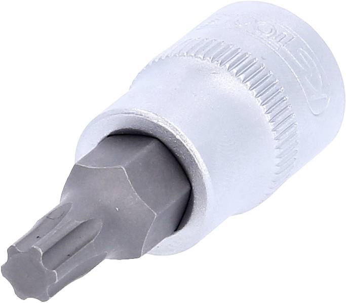 Ein silberner Steckschlüssel mit einem grauen Torx-Bit, häufig zum Festziehen von Schrauben verwendet.