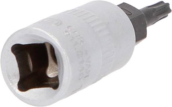 Ein silberner Steckschlüssel-Aufsatz mit schwarzem Stern-, oder Torx-Kopf, wird zum Drehen von Torx-Schrauben verwendet.