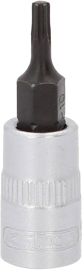Ein silberner Steckschlüsselaufsatz mit schwarzem T10-Bit, geeignet für die Verwendung mit einem Werkzeug für Schraubarbeiten.