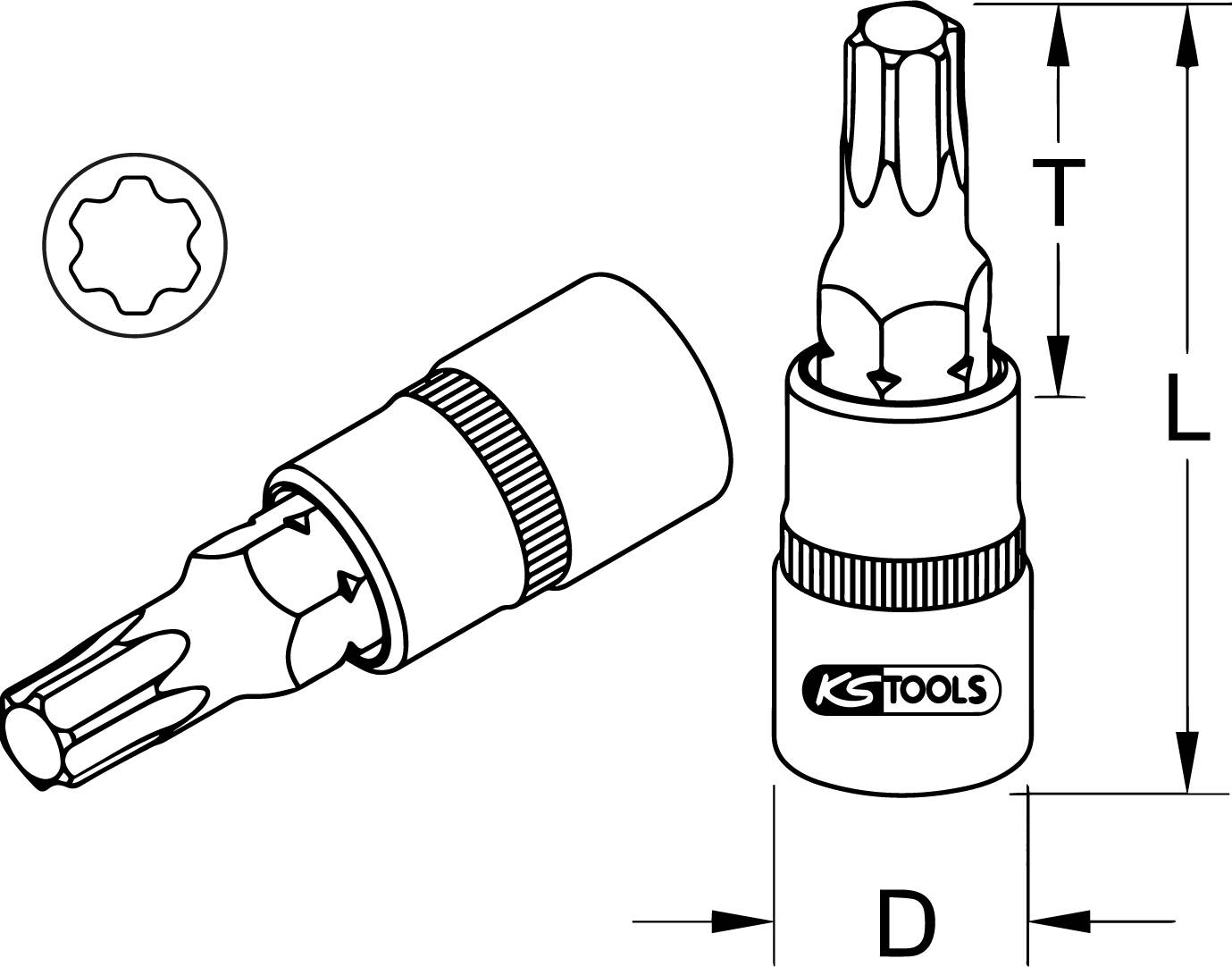 Zeichnung eines Torx-Bits mit Innenprofil. Markierungen zeigen Maße: T für Tiefe, L für Länge, D für Durchmesser. Markenname sichtbar.