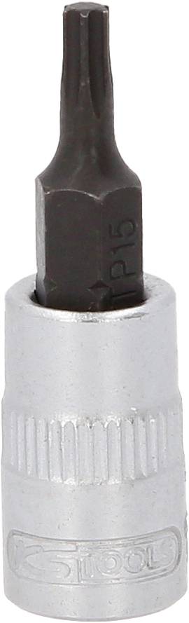 Bitschrauber mit silbernem Schaft und dunkelbraunem, sternförmigem Bit-Einsatz, ideal für präzises Schrauben in handwerklichen Arbeiten.