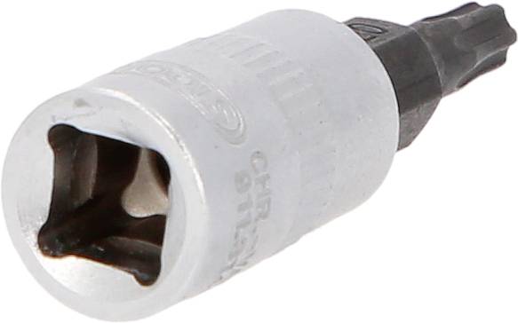 Ein silberner Schraubendreher-Bitaufsatz mit sechskantiger Aufnahme. Geeignet für Torx-Schrauben; robust und präzise verarbeitet.