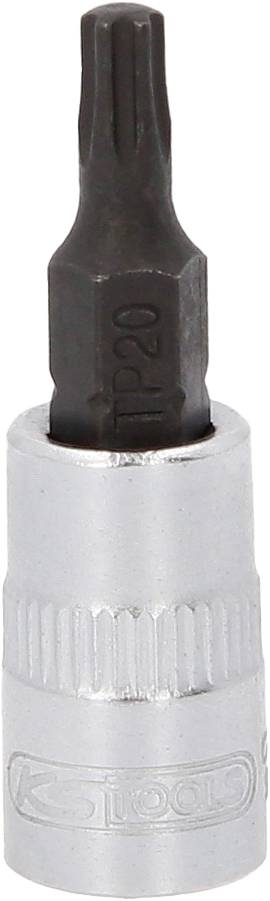 Bitaufsatz mit Torx-Kopf, schwarzer Kopf, silberner Schaft, gravierter Text. Geeignet für Schraubarbeiten mit passenden Werkzeugen.