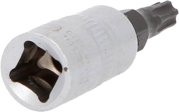 Ein silberner Schraubbitsatz mit Torx-Kopf, geeignet für den Einsatz mit einem Akkuschrauber oder einer manuellen Ratsche.