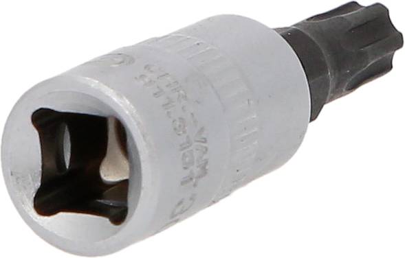 Steckschlüssel mit Bitaufnahme und Torx-Bit, typischerweise für Kfz-Arbeiten verwendet. Metalldesign mit sechseckiger Öffnung.